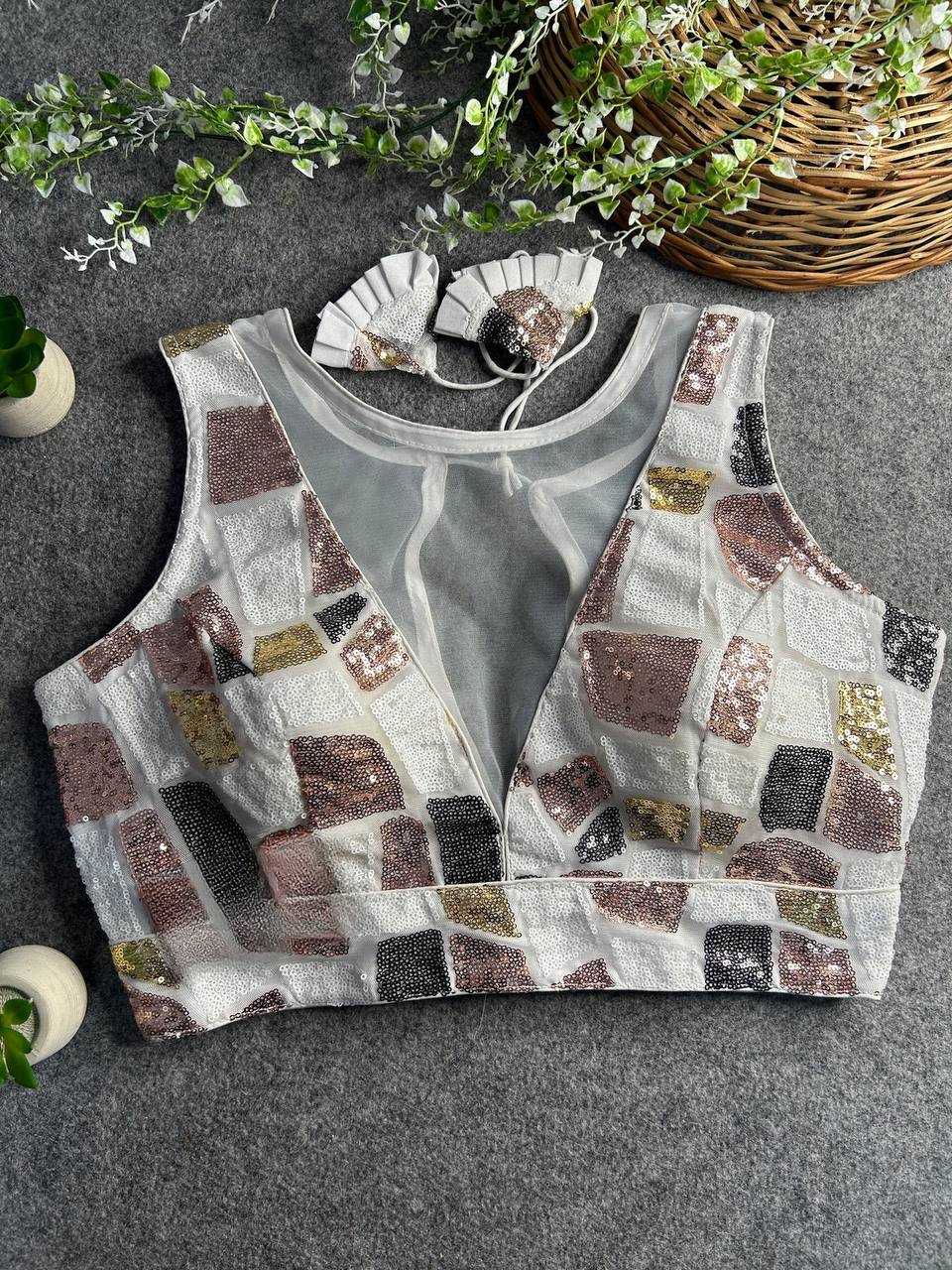 Ynf Net KESH111 Sequence Work Blouse Readymade Blouses Wholesale V-Neck Blouses Printed Blouse Sequence Embroidery Blouse Sleeveless Blouse Manufacturer