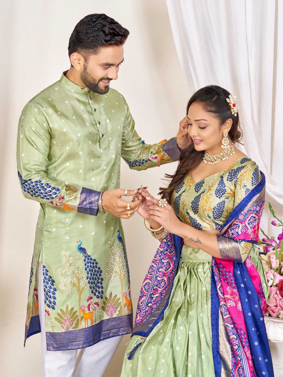 Ynf Dola Silk RIN131 LOVE BIRDS Couple Wear Plus Size Collections Wholesale Festive Matching Couple Dresses Designer Ethnic Outfits for Couples Manufacturer