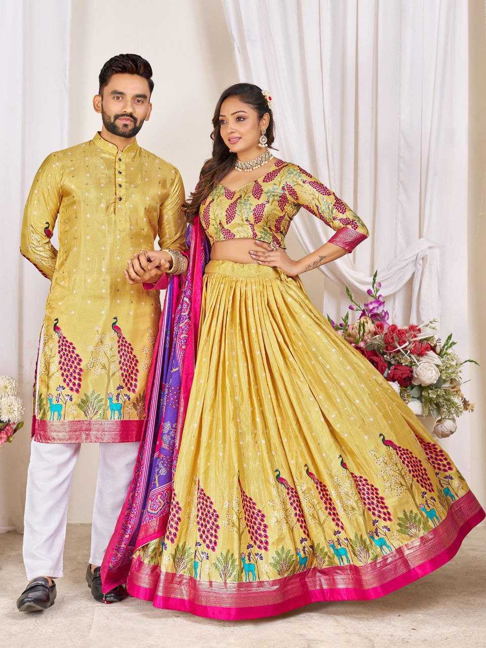 Ynf Dola Silk RIN131 LOVE BIRDS Couple Wear Plus Size Collections Wholesale Festive Matching Couple Dresses Designer Ethnic Outfits for Couples Manufacturer