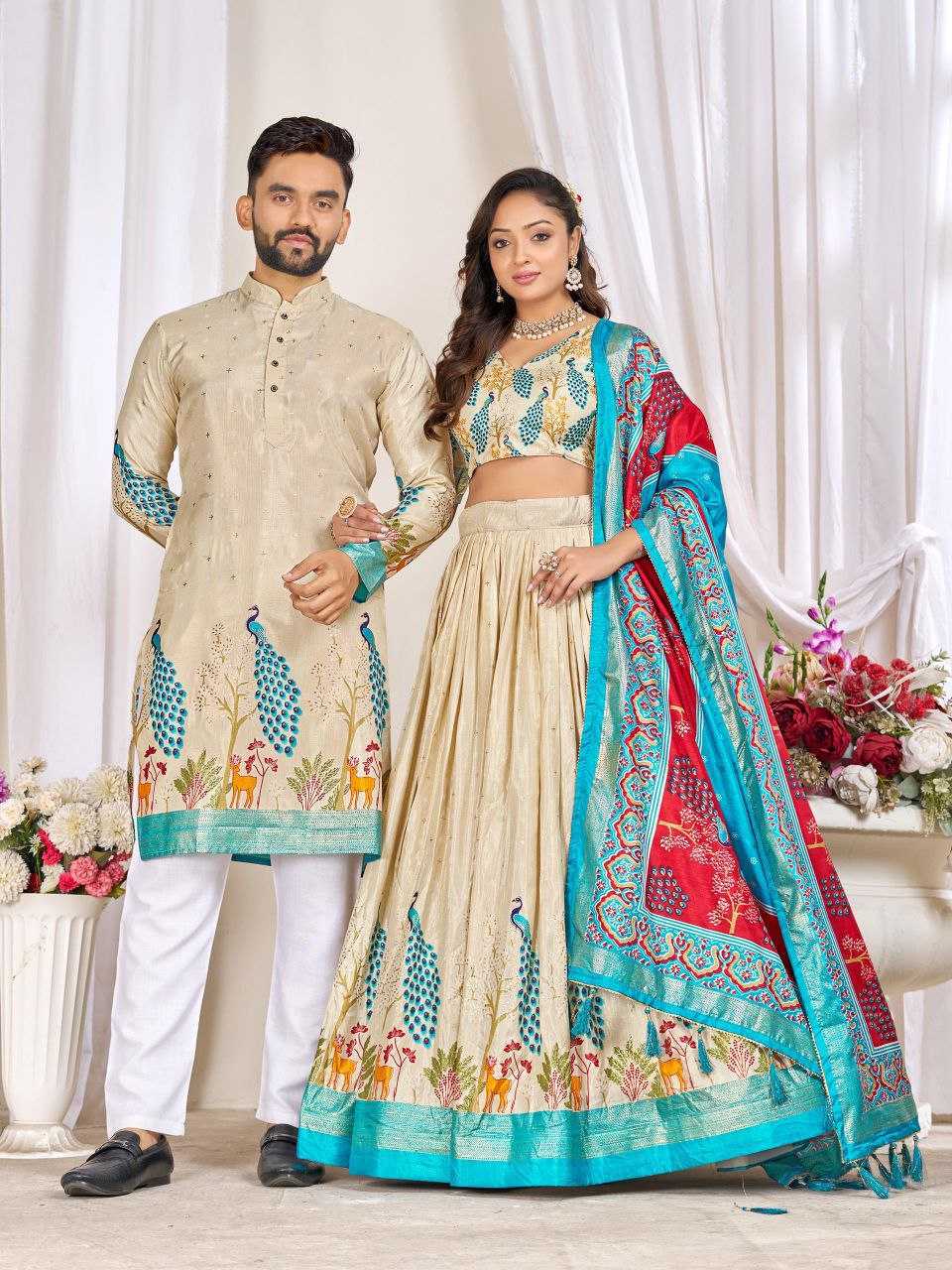Ynf Dola Silk RIN131 LOVE BIRDS Couple Wear Plus Size Collections Wholesale Festive Matching Couple Dresses Designer Ethnic Outfits for Couples Manufacturer