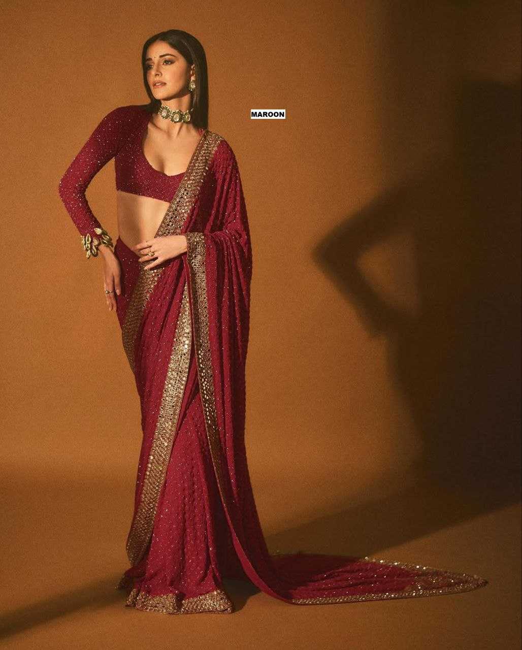 Ynf Faux Georgette KESH524 3465 Sarees Bollywood Collections Wholesale Georgette Sarees Embroidered Sarees Ananya Pandey Sarees Manufacturer