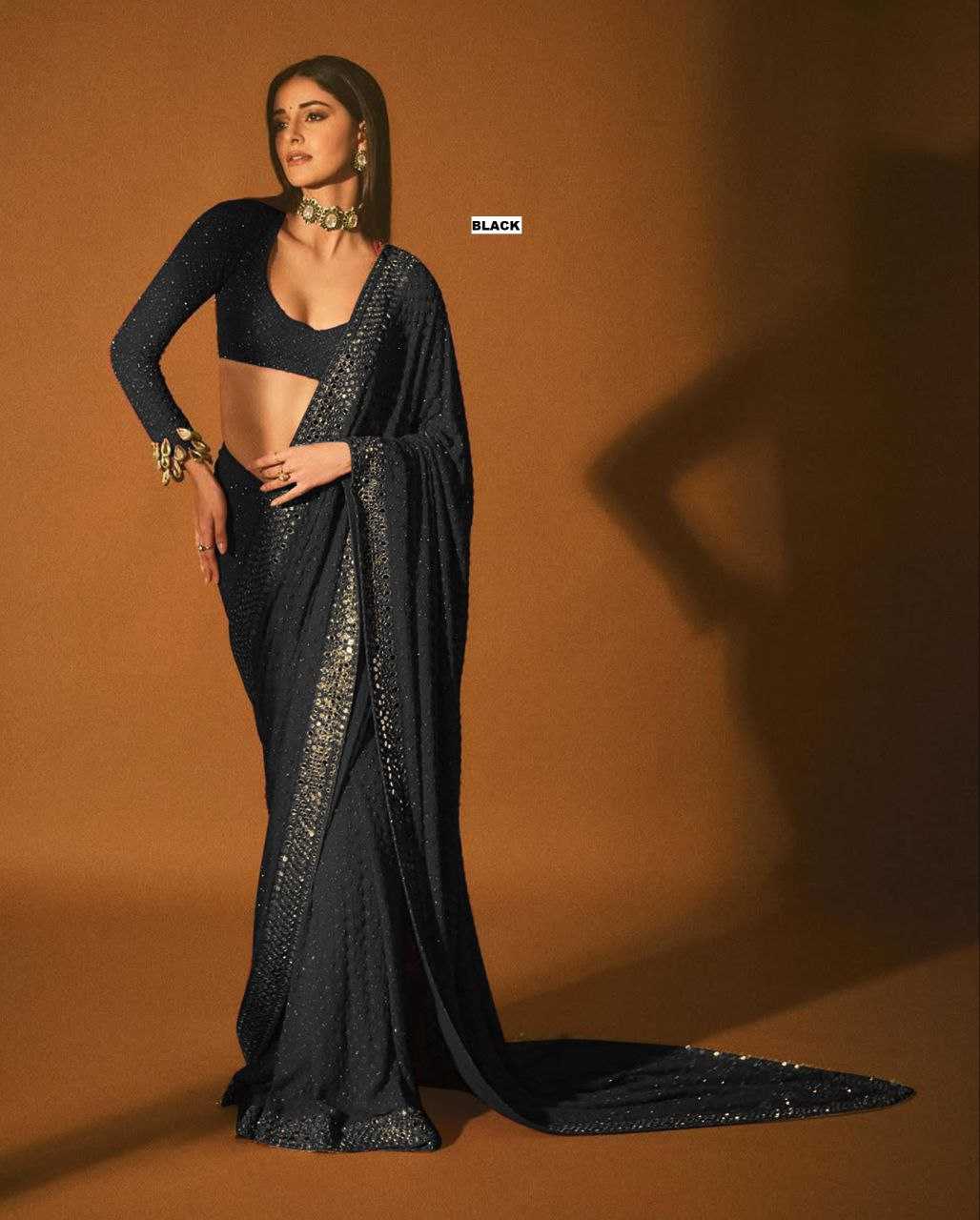 Ynf Faux Georgette KESH524 3465 Sarees Bollywood Collections Wholesale Georgette Sarees Embroidered Sarees Ananya Pandey Sarees Manufacturer