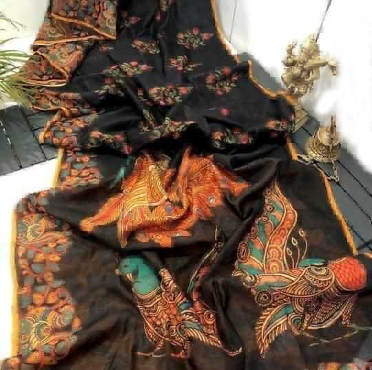 Ynf Linen KESH484 FISH Sarees Wholesale Printed Sarees Kalamkari Sarees Linen Sarees Manufacturer