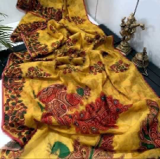 Ynf Linen KESH484 FISH Sarees Wholesale Printed Sarees Kalamkari Sarees Linen Sarees Manufacturer