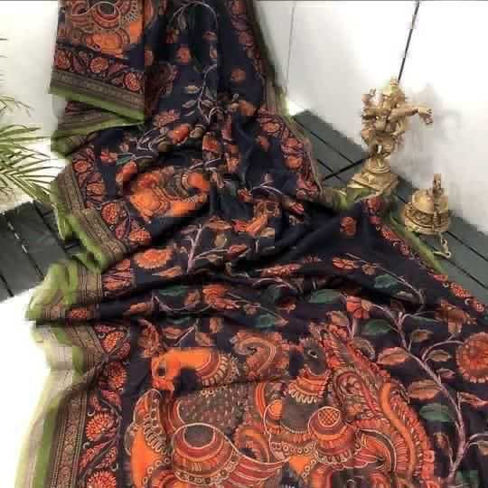Ynf Linen KESH484 FISH Sarees Wholesale Printed Sarees Kalamkari Sarees Linen Sarees Manufacturer