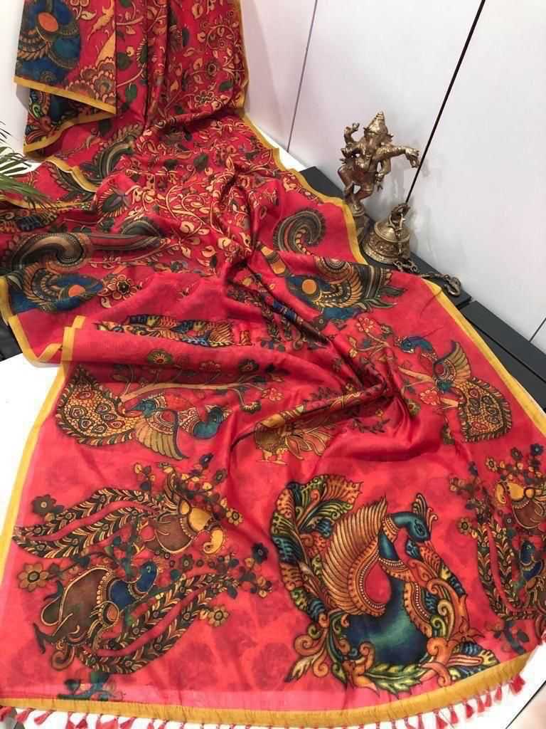 Ynf Linen KESH484 FISH Sarees Wholesale Printed Sarees Kalamkari Sarees Linen Sarees Manufacturer
