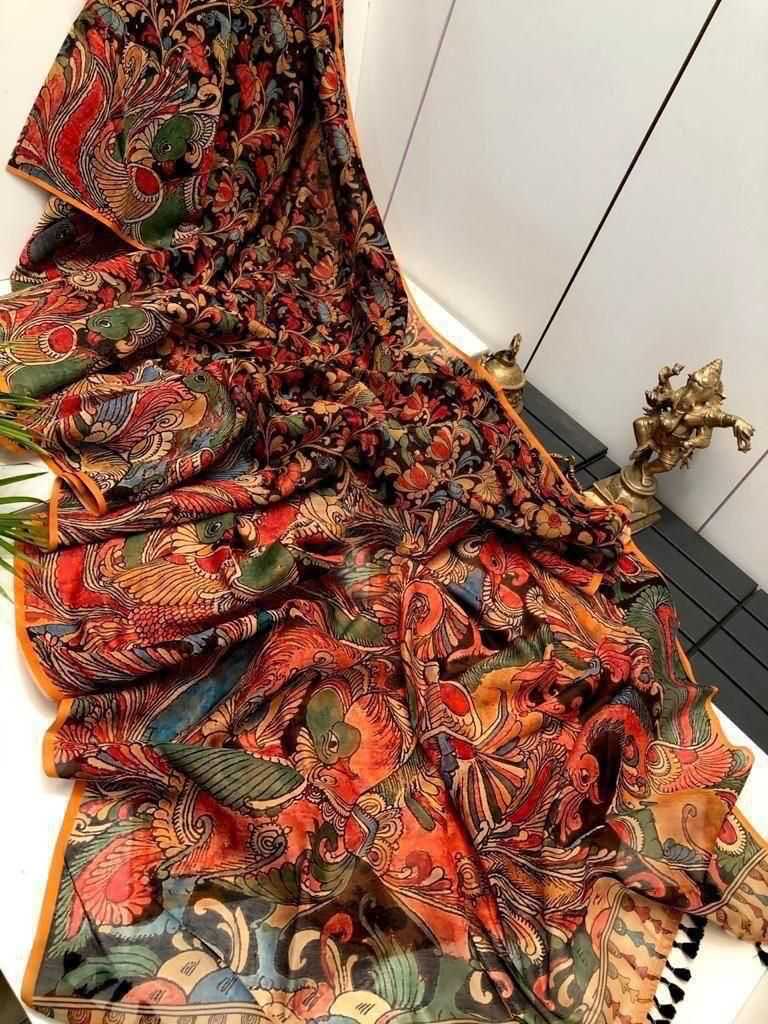 Ynf Linen KESH484 FISH Sarees Wholesale Printed Sarees Kalamkari Sarees Linen Sarees Manufacturer