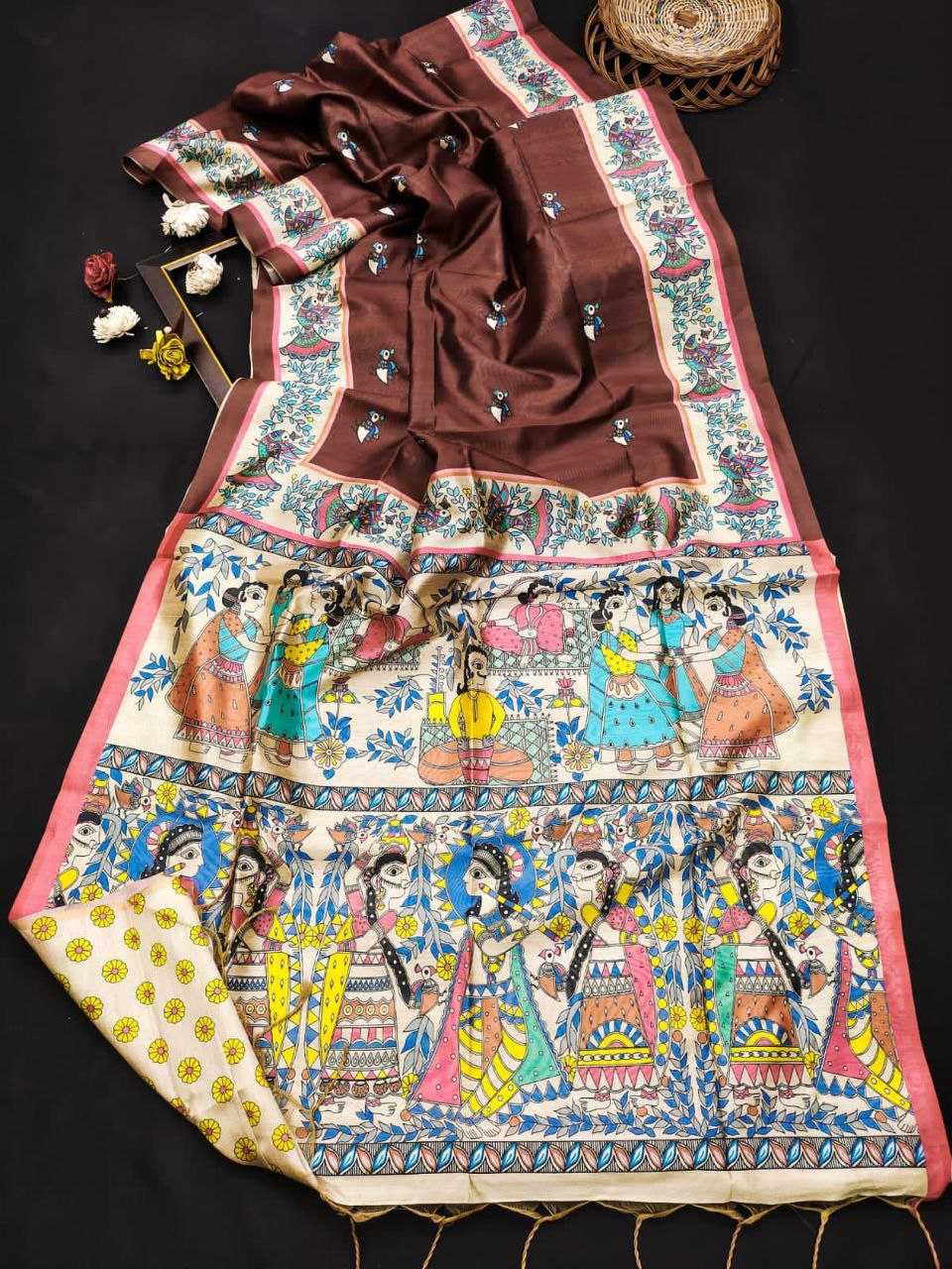 Ynf Tussar Silk KESH532 YOGITA MADHUBANI Sarees Wholesale Designer Sarees Madhubani Sarees Tussar Sarees Manufacturer