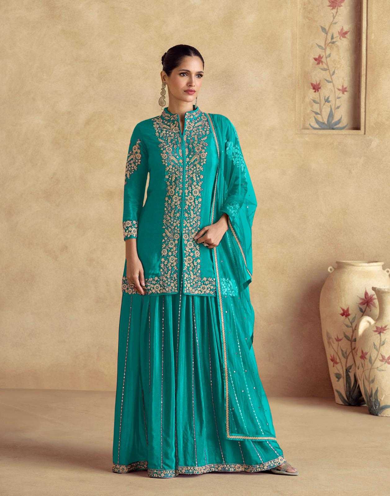Ynf Chinon Silk KESH587 AASHIRWAD CHAKORI GOLD Suits & Dresses Wholesale Palazzo Suit Wedding Suits Designer Suits Manufacturer