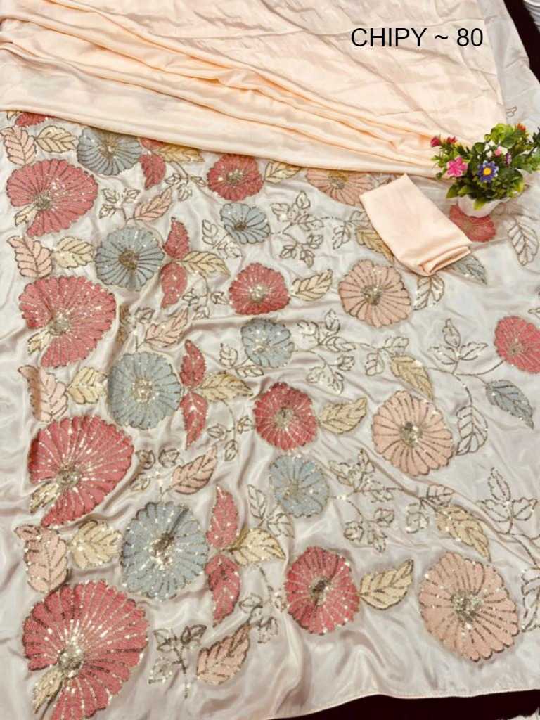 YNF JAPAN SARTIN KSB 80 SAREES WHOLESALE FANCY CRAPE SATIN EMBROIDERED SAREES MANUFACTURER