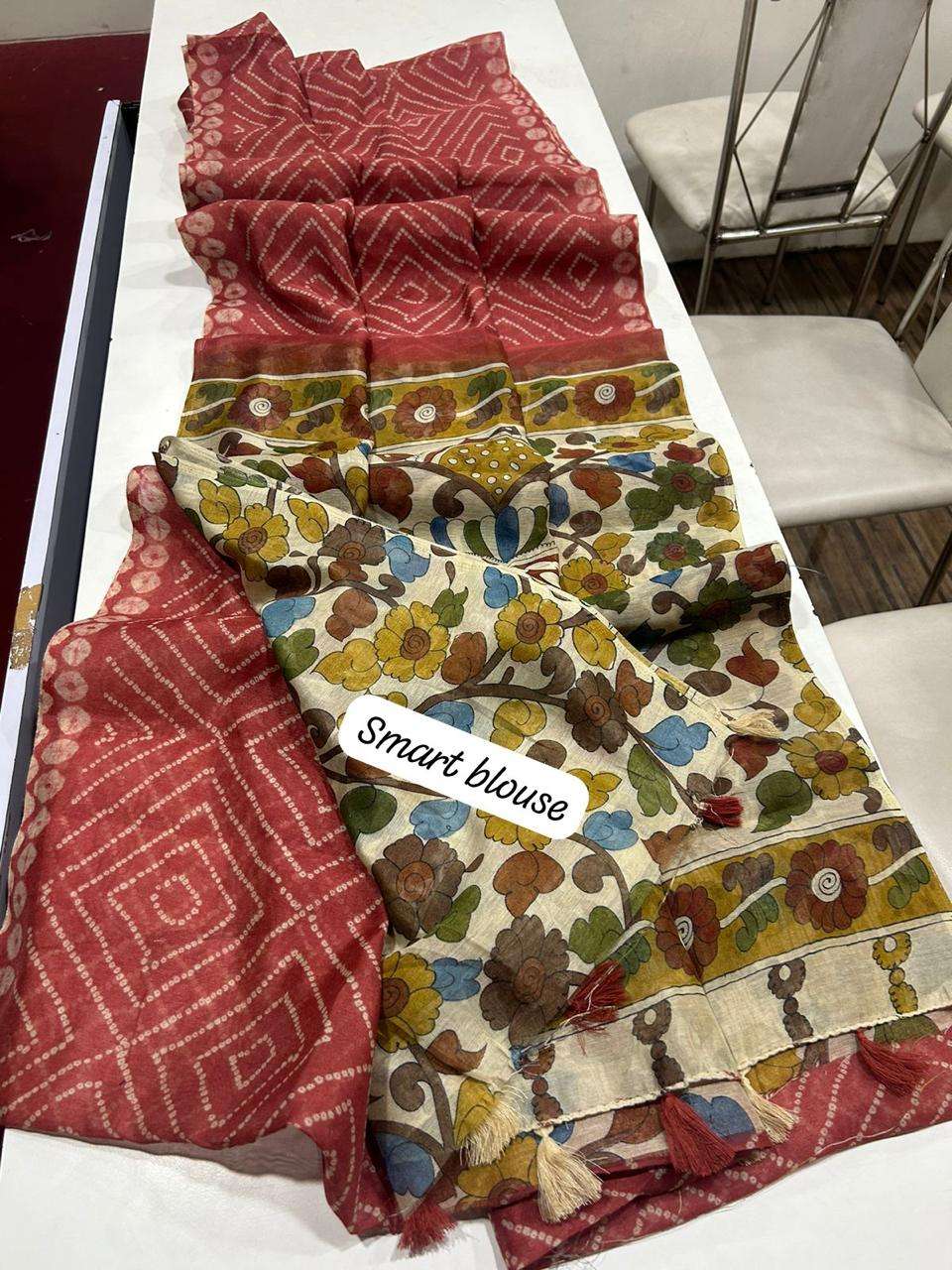 YNF LINEN RAE 07 SAREES WHOLESALE LADIES KALAMKARI BANDHANI BANDHEJ SAREES MANUFACTURER