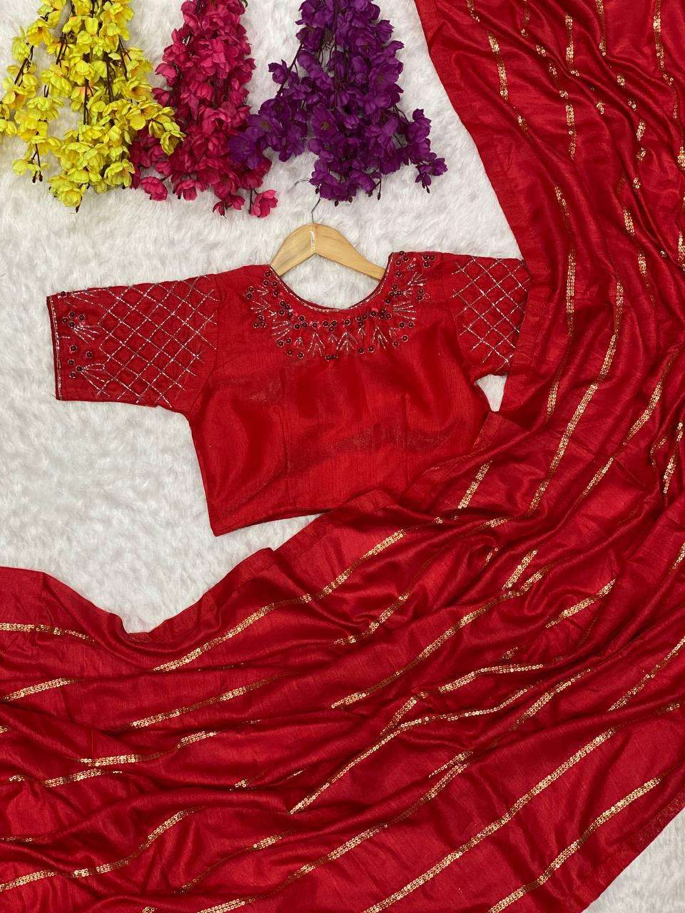 YNF SOFT VICHITRA AEC RED LABEL SAREES WHOLESALE FANCY SEQUENCE SAREES MANUFACTURER