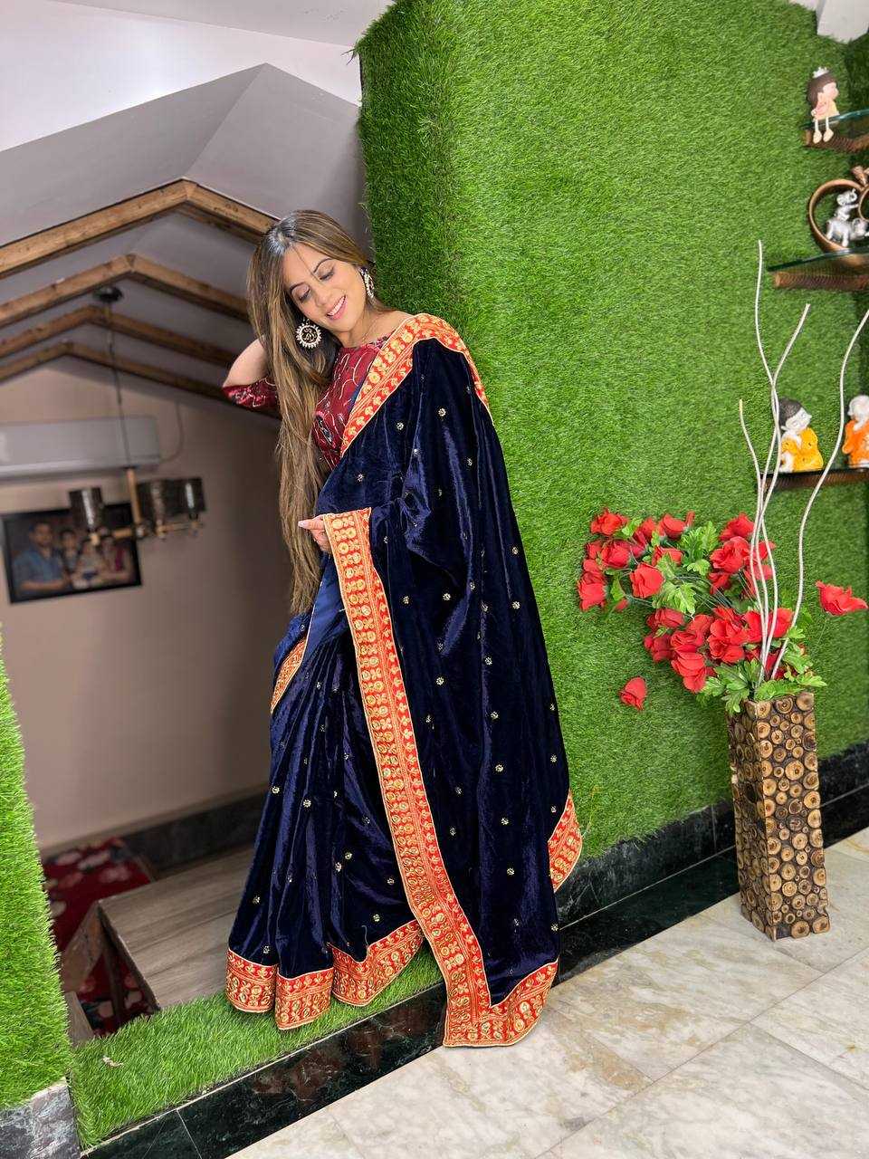 YNF VELVET RST 389 SAREES WHOLESALE VELVET EMBROIDERED FANCY SAREES MANUFACTURER