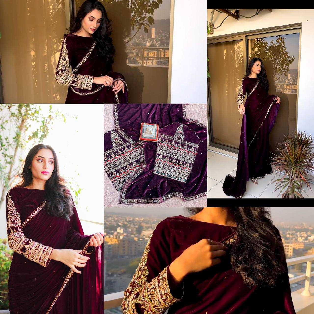 YNF VELVET RST 403 SAREES WHOLESALE PARTY WEAR VELVET EMBROIDERED SAREES MANUFACTURER