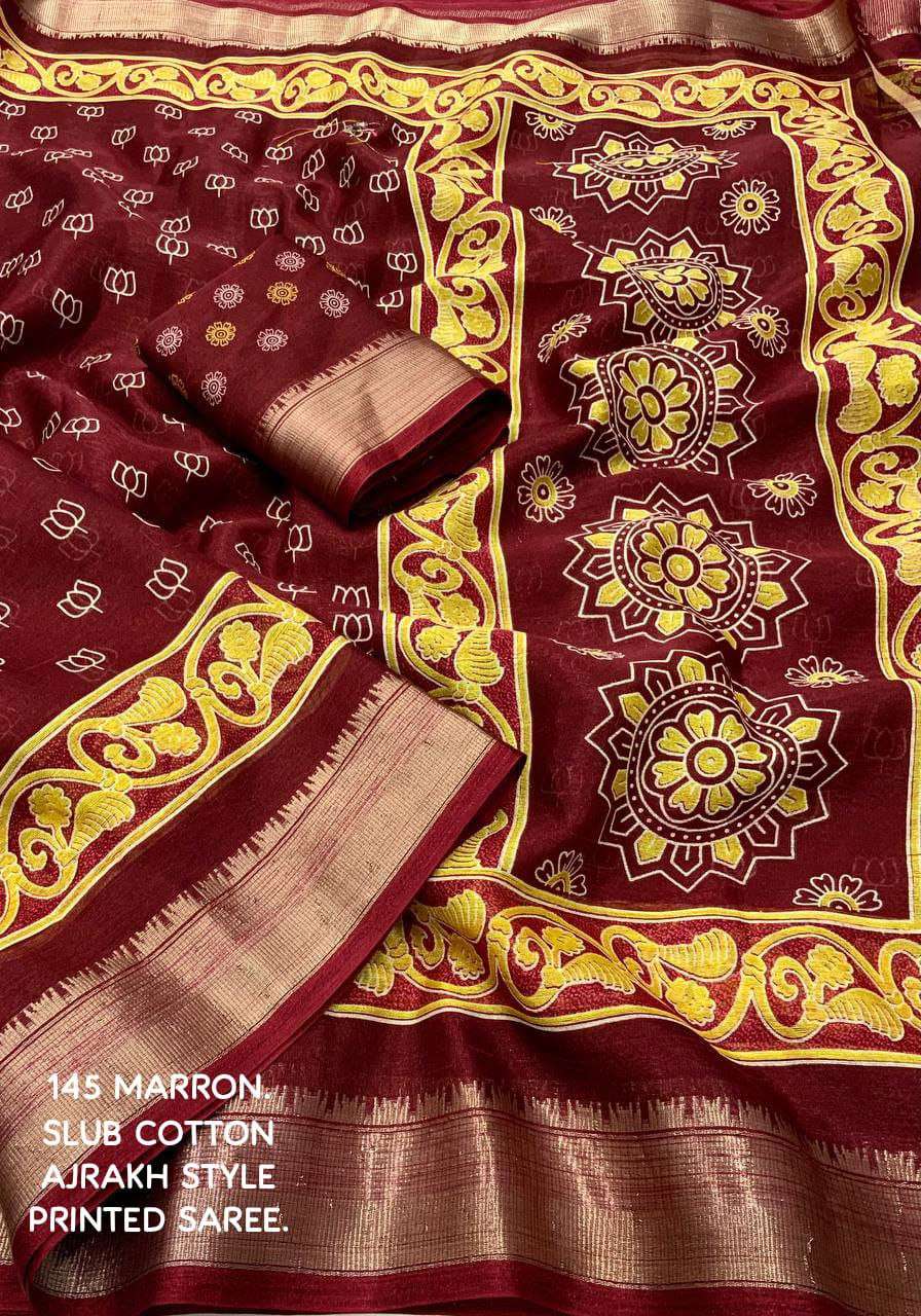 YNF COTTON KESH118 145 SAREES WHOLESALE PRINTED COTTON LINEN AJRAKH ZARI BORDER SAREES MANUFACTURER