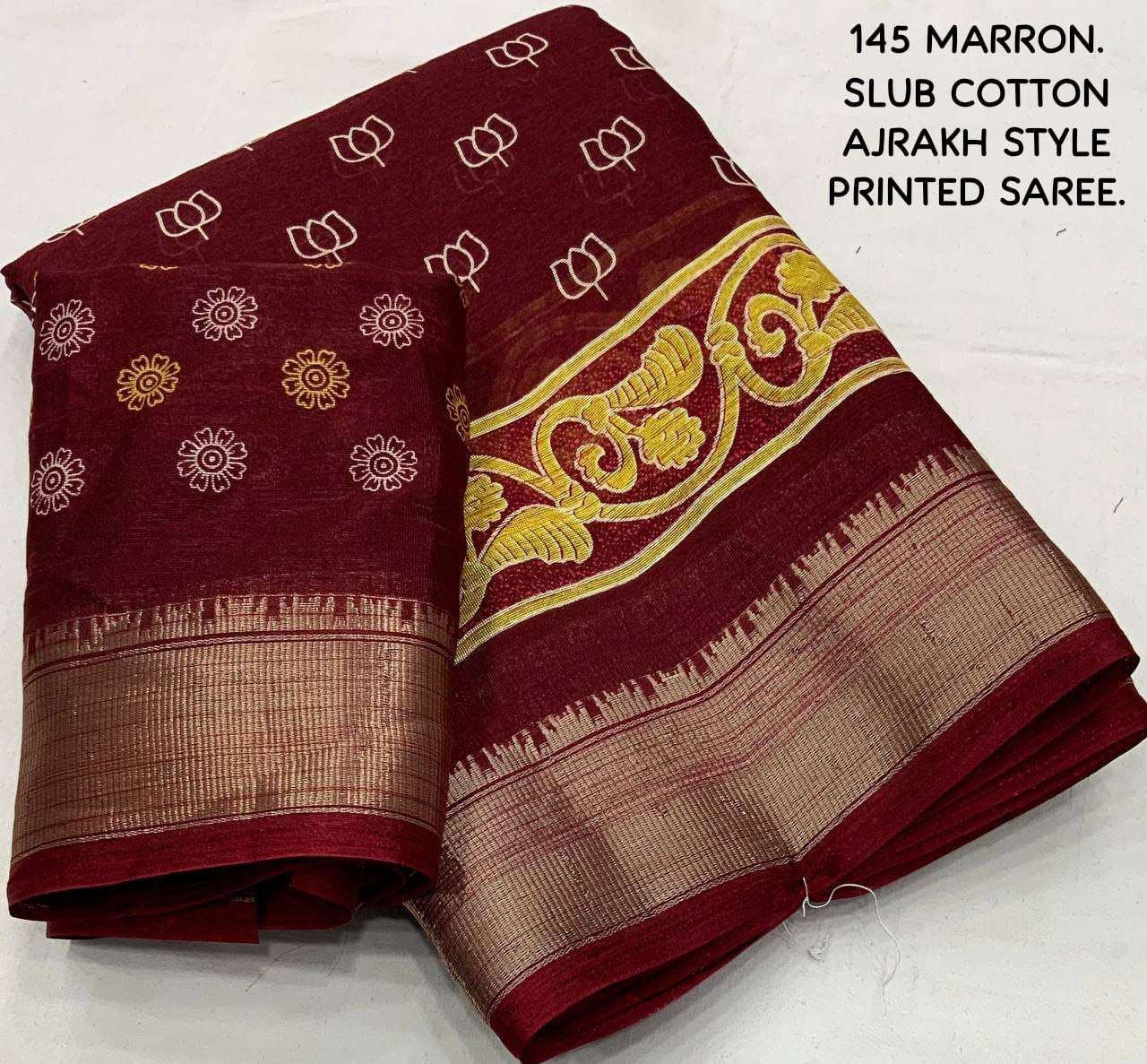 YNF COTTON KESH118 145 SAREES WHOLESALE PRINTED COTTON LINEN AJRAKH ZARI BORDER SAREES MANUFACTURER