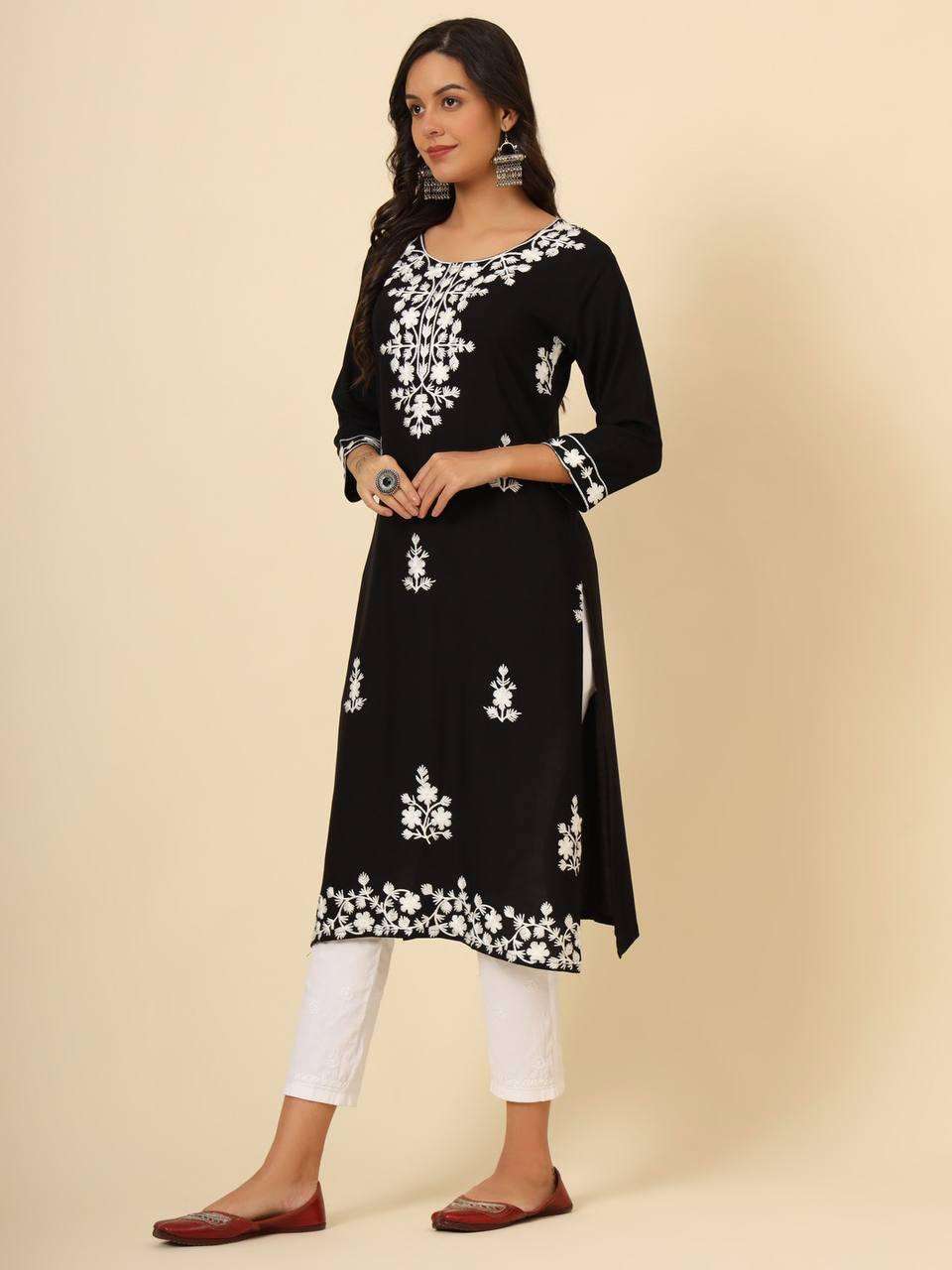 YNF RAYON RIN188 MUDRA2 KURTIS WHOLESALE LONG RAYON LUCKOWI CHIKAN KURTIS MANUFACTURER