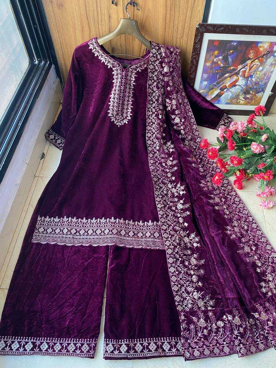 YNF VELVET KESH150 895 SUITS & DRESSES WHOLESALE KASHMIRI VELVET EMBROIDERY PALAZZO PARTY WEAR SUITS MANUFACTURER