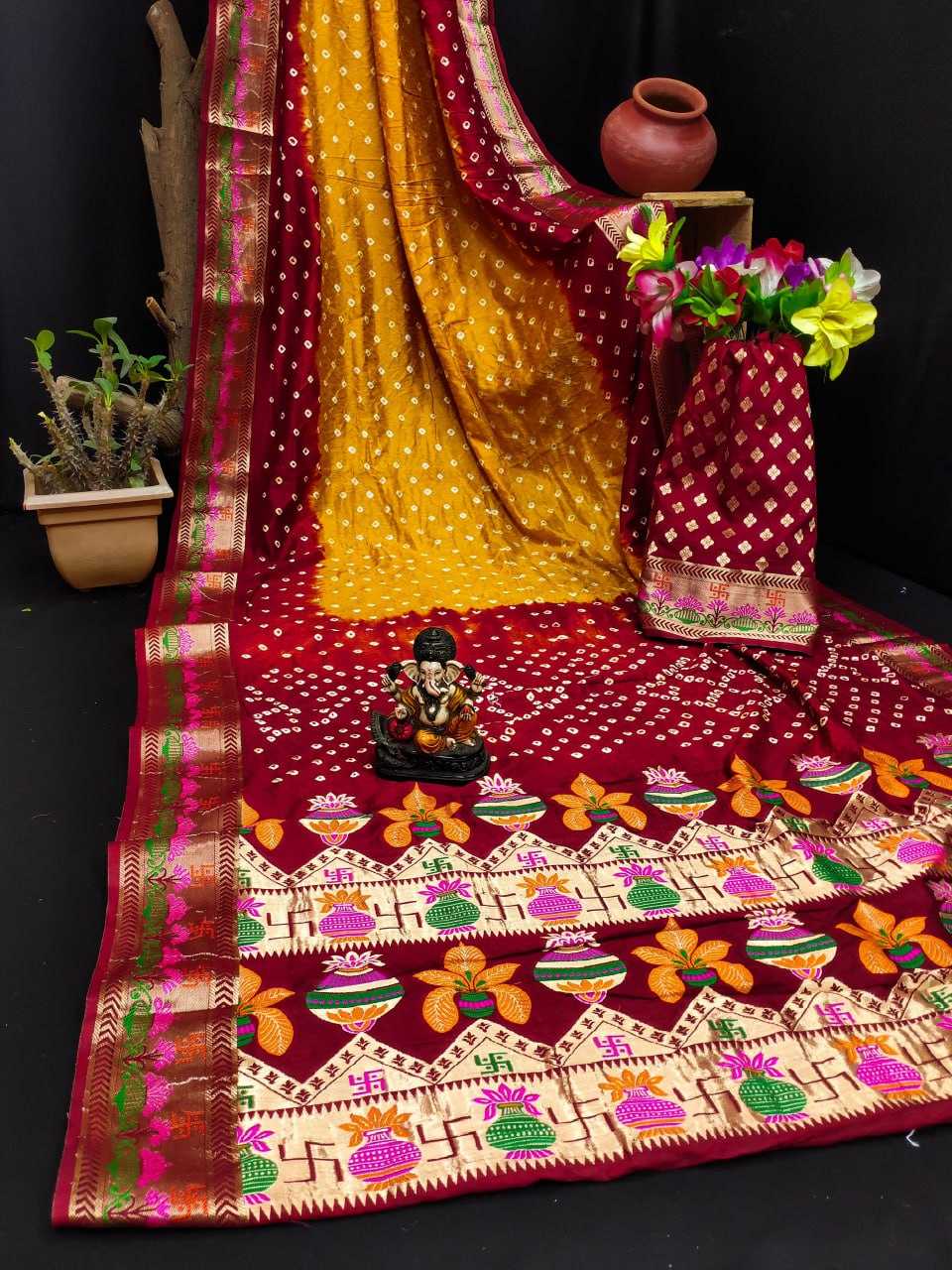 YNF BANDHANI SILK RIN183 SWASTIK SAREES WHOLESALE PRINTED BANDHANI BANDHEJ ZARI BORDER SAREES MANUFACTURER