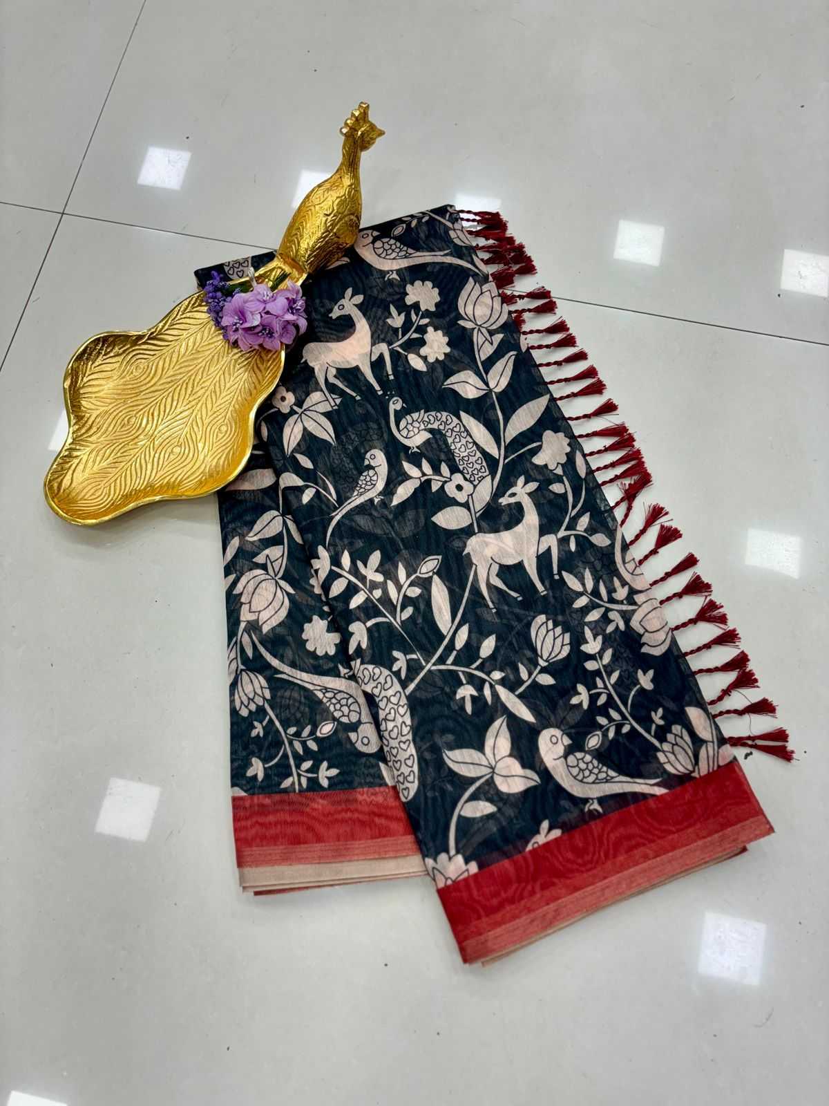 YNF CHANDERI RIN178 SNT19 SAREES WHOLESALE PRINTED LADIES CHANDERI KALAMKARI ZARI BORDER SAREES MANUFACTURER