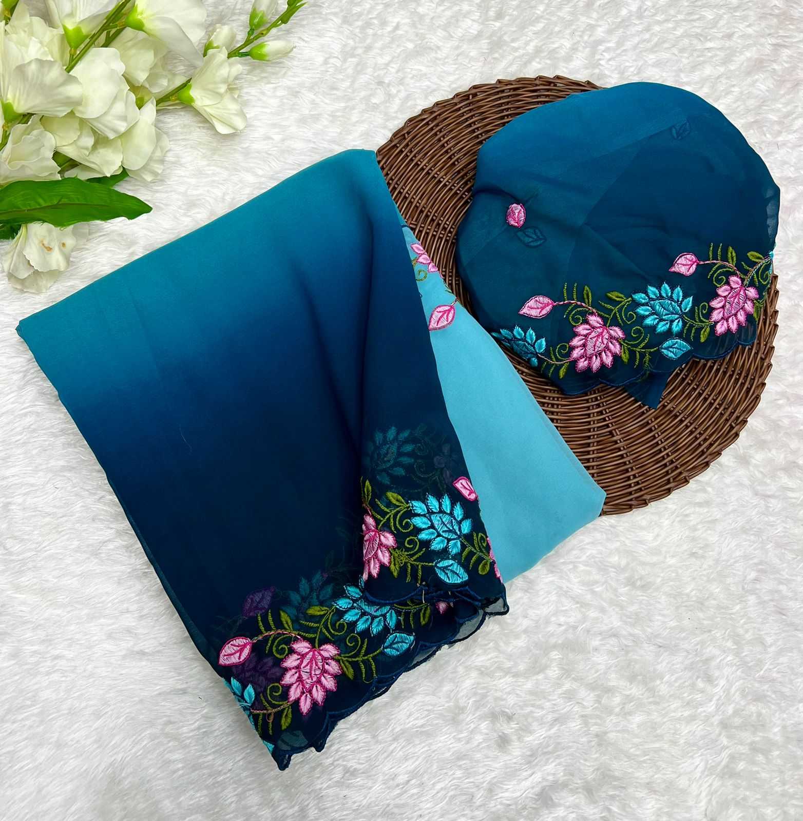 YNF GEORGETTE RIN199 SMH11 SAREES WHOLESALE GEORGETTE HALF AND HALF EMBROIDERED LACE BORDER CUTWORK SAREES MANUFACTURER