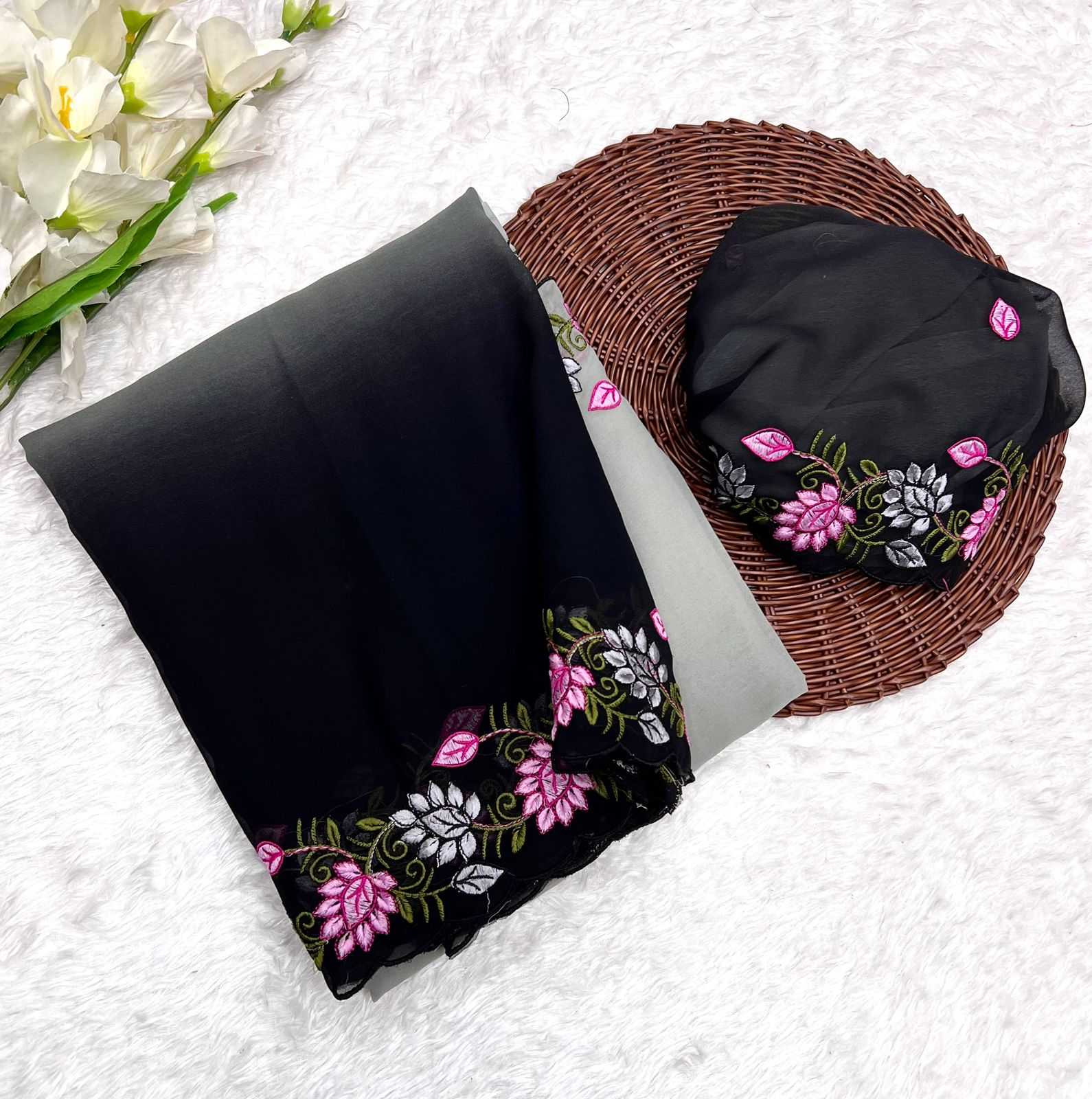 YNF GEORGETTE RIN199 SMH11 SAREES WHOLESALE GEORGETTE HALF AND HALF EMBROIDERED LACE BORDER CUTWORK SAREES MANUFACTURER