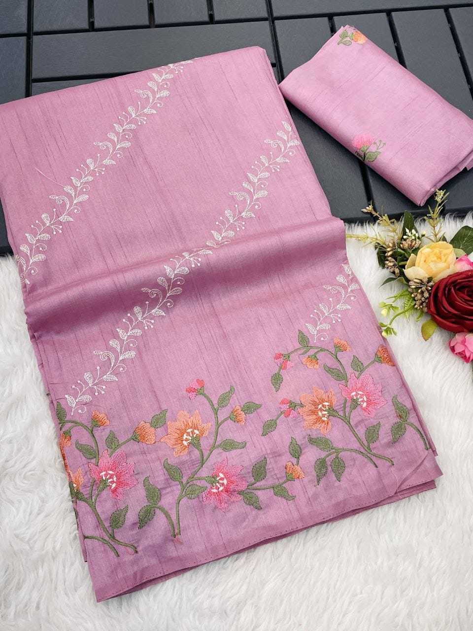 YNF TUSSAR SILK RIN163 RAE42 SAREES WHOLESALE TUSSAR SILK TUSSAR SILK EMBROIDERED SILK SAREES MANUFACTURER