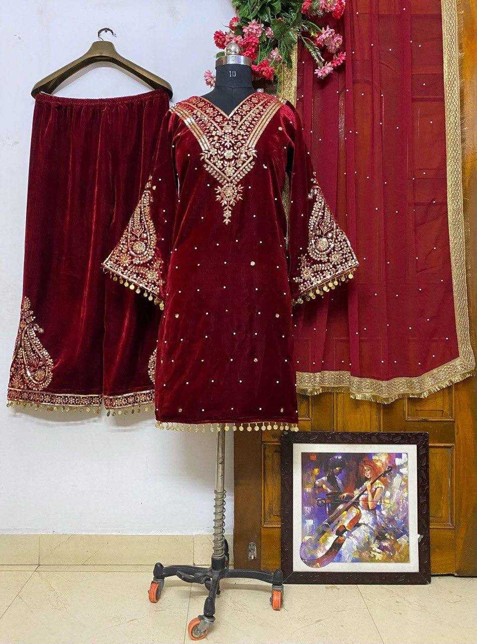 YNF VELVET KESH151 1158 SUITS & DRESSES WHOLESALE LADIES VELVET EMBROIDERY PALAZZO LADIES SILK SUITS MANUFACTURER