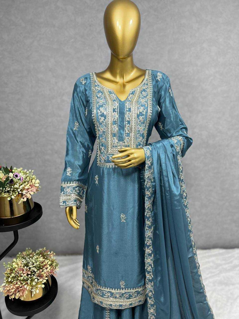 YNF CHINON SILK KESH227 1012 SUITS & DRESSES WHOLESALE LADIES SHARARA SALWAR PALAZZO LADIES SILK SUITS  MANUFACTURER