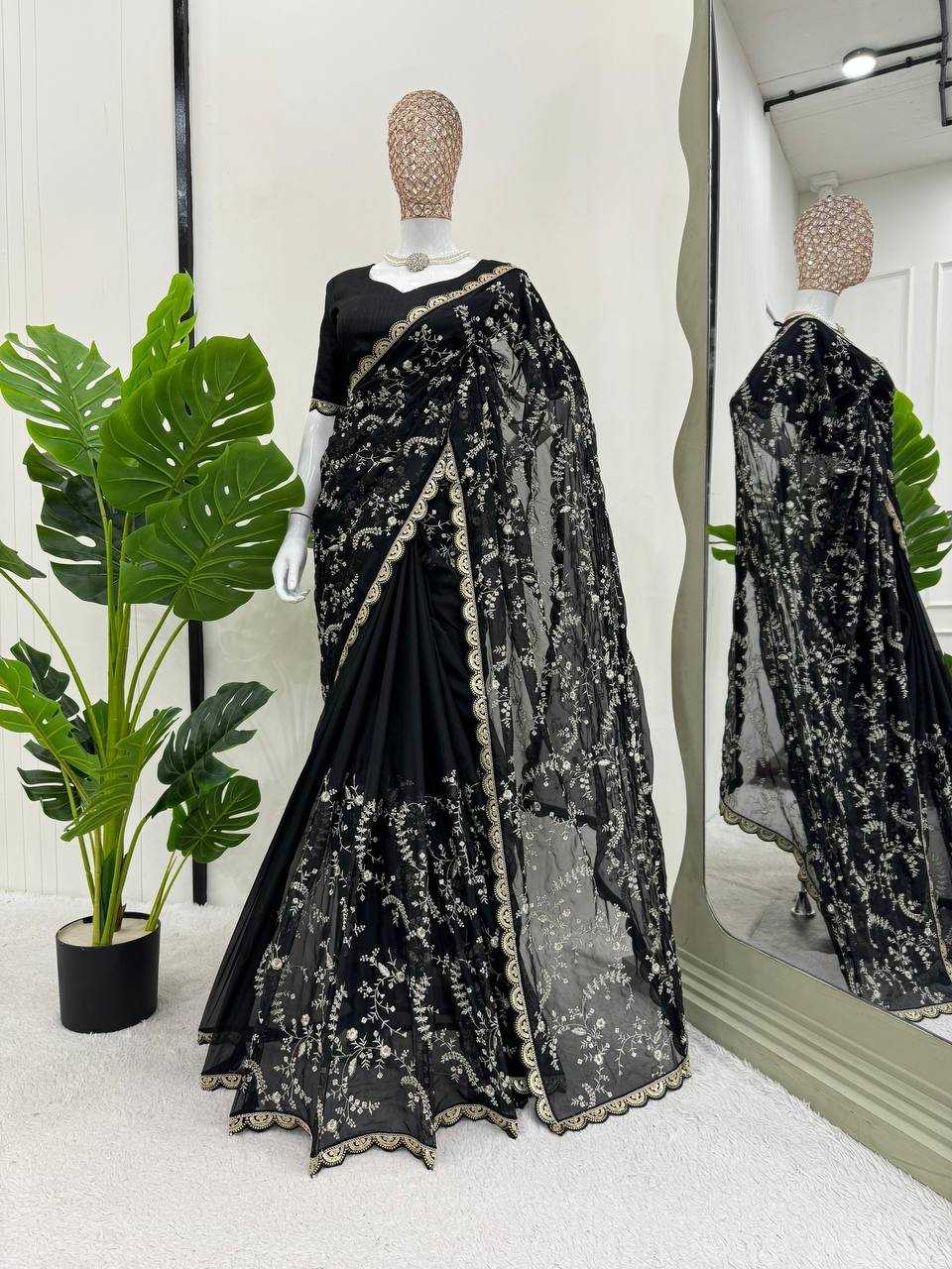 YNF HEAVY SILK RIN133 8088 SAREES WHOLESALE SEQUENCE DESIGNER BLACK SILK SAREES MANUFACTURER