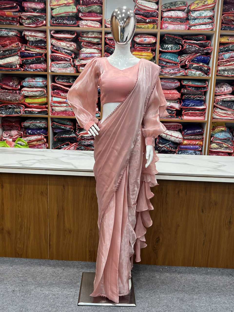 YNF JIMMY CHOO KESH229 42-B SAREES WHOLESALE READY TO WEAR JIMMY CHOO PRE DRAPED RUFFLE SAREES WITH BLOUSE ORGANZA SAREES MANUFACTURER