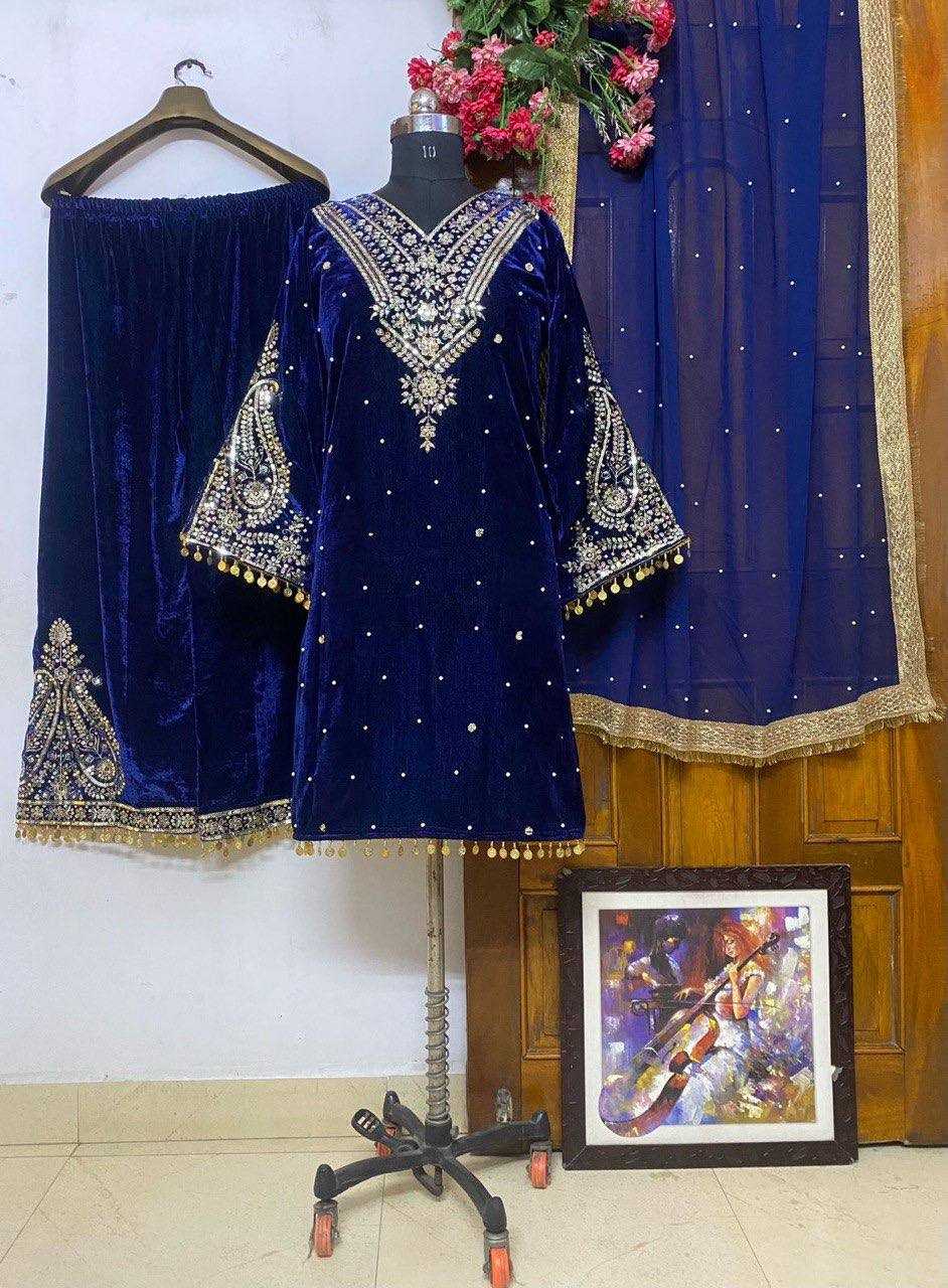 YNF VELVET KESH149 1158 SUITS & DRESSES WHOLESALE KASHMIRI VELVET EMBROIDERED PALAZZO LADIES SILK SUITS MANUFACTURER