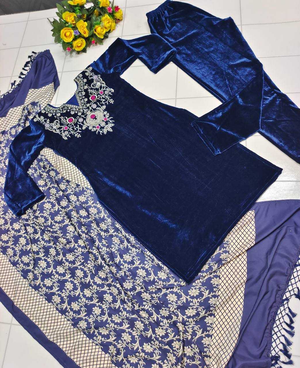 YNF VELVET KESH156 7803 SUITS & DRESSES WHOLESALE LADIES VELVET EMBROIDERY SUITS MANUFACTURER