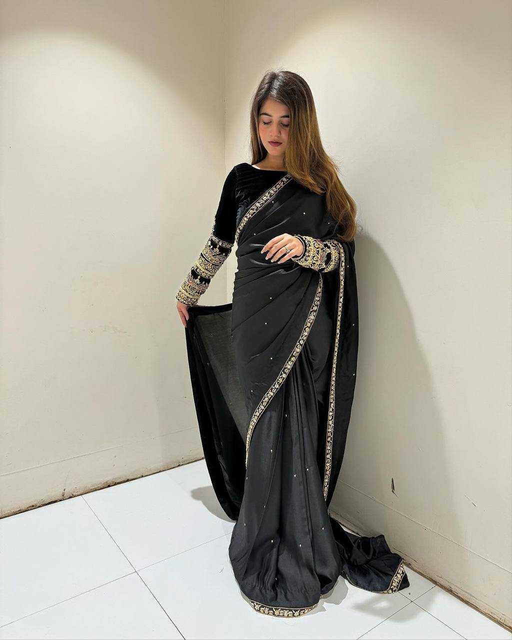 YNF VELVET RIN181 403 SAREES WHOLESALE PARTY WEAR VELVET EMBROIDERED BLACK SAREES MANUFACTURER