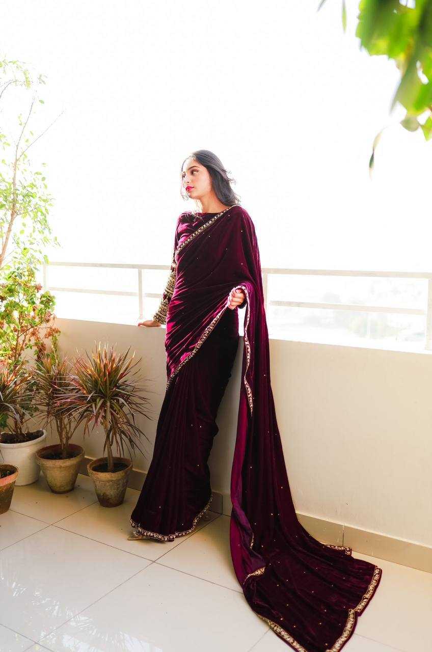 YNF VELVET RIN181 403 SAREES WHOLESALE PARTY WEAR VELVET EMBROIDERED BLACK SAREES MANUFACTURER