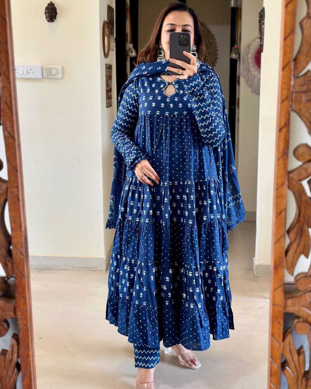 YNF BLUE KESH120 HAND KHATLI Work SUITS & DRESSES WHOLESALE PRINTED COTTON ANARKALI BLUE SUITS MANUFACTURE