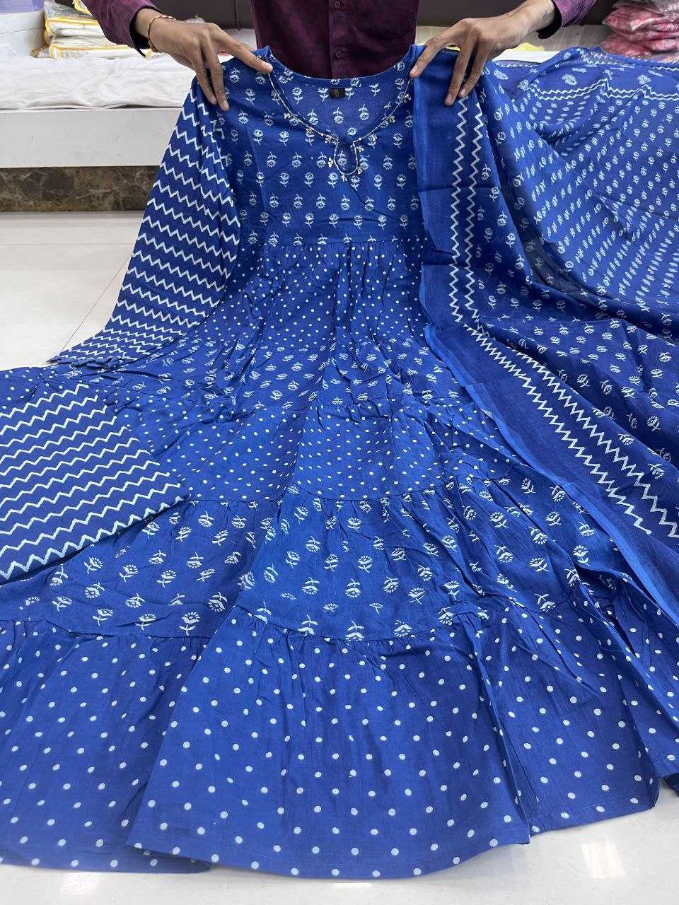 YNF BLUE KESH120 HAND KHATLI Work SUITS & DRESSES WHOLESALE PRINTED COTTON ANARKALI BLUE SUITS MANUFACTURE