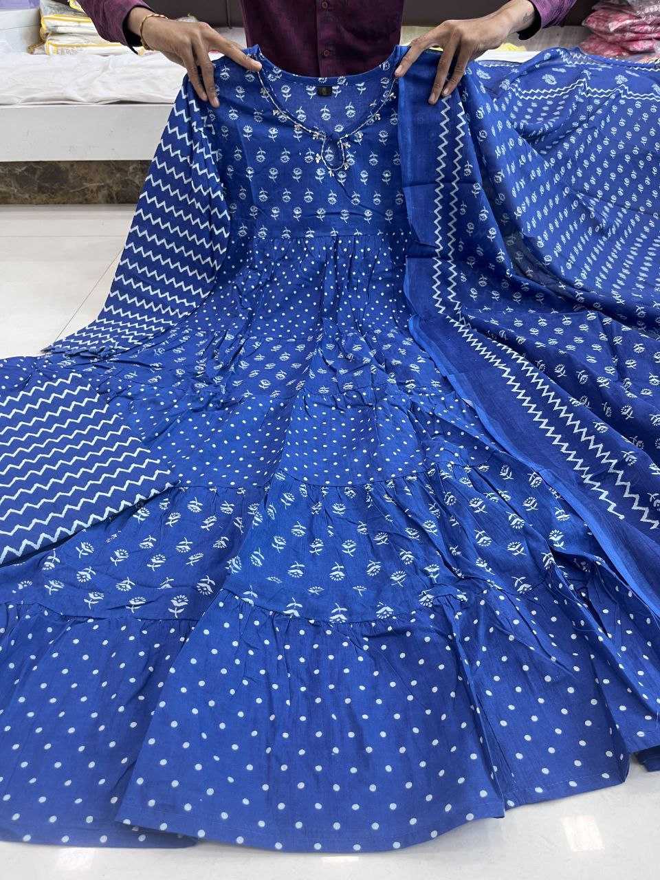 YNF BLUE KESH120 HAND KHATLI Work SUITS & DRESSES WHOLESALE PRINTED COTTON ANARKALI BLUE SUITS MANUFACTURE