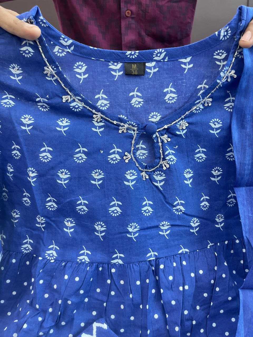 YNF BLUE KESH120 HAND KHATLI Work SUITS & DRESSES WHOLESALE PRINTED COTTON ANARKALI BLUE SUITS MANUFACTURE