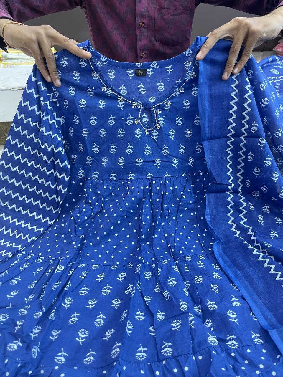 YNF BLUE KESH120 HAND KHATLI Work SUITS & DRESSES WHOLESALE PRINTED COTTON ANARKALI BLUE SUITS MANUFACTURE