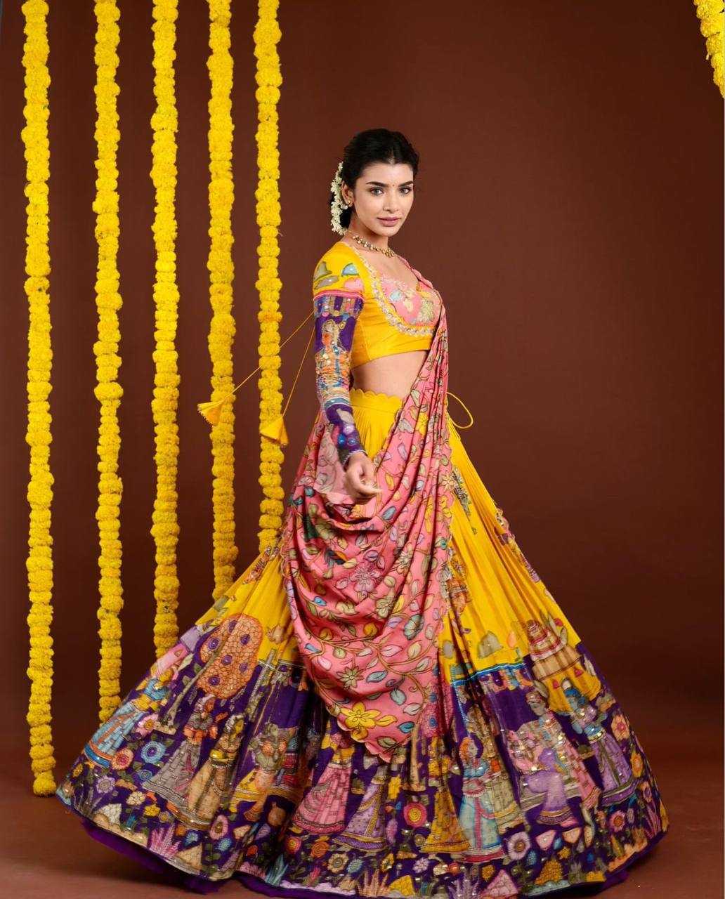 YNF CHENT CREPE KESH119 462 LEHENGAS WHOLESALE KALAMAKRI TRADITIONAL PRINTED LEHENGAS MANUFACTURER