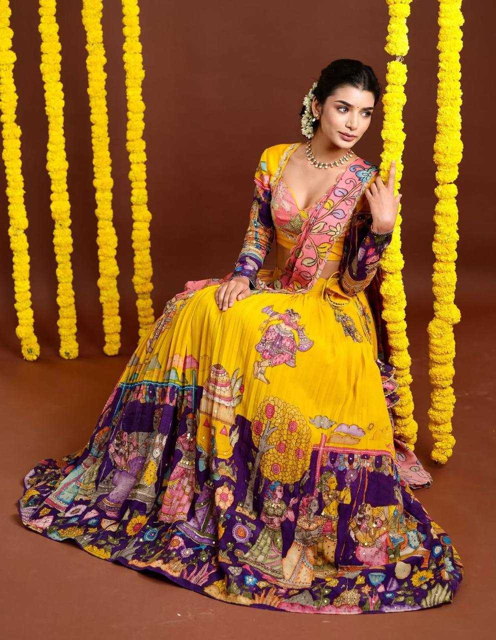 YNF CHENT CREPE KESH119 462 LEHENGAS WHOLESALE KALAMAKRI TRADITIONAL PRINTED LEHENGAS MANUFACTURER