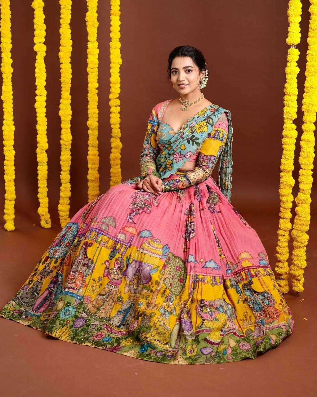 YNF CHENT CREPE KESH119 462 LEHENGAS WHOLESALE KALAMAKRI TRADITIONAL PRINTED LEHENGAS MANUFACTURER