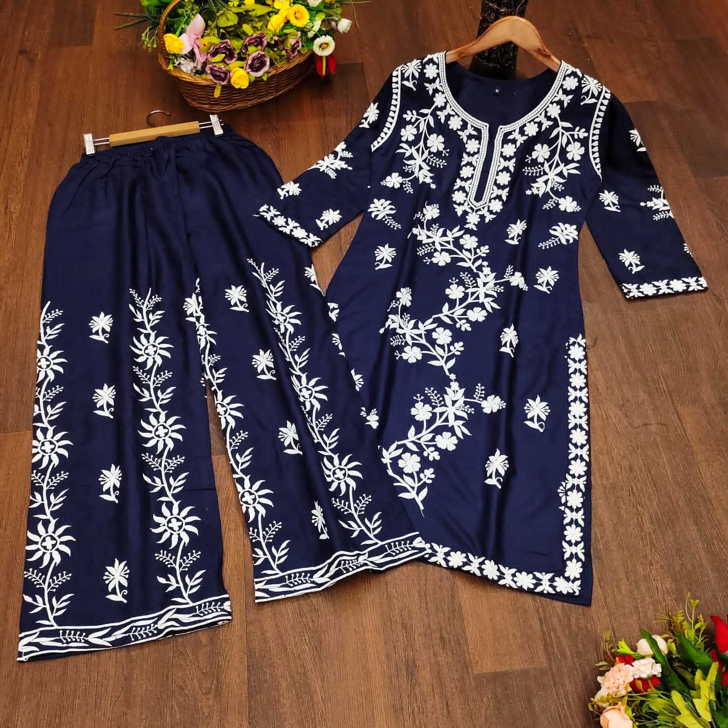 YNF RAYON KESH243 1040 KURTIS WHOLESALE RAYON EMBROIDERED CHIKANKARI KURTI WITH PALAZZO KURTIS MANUFACTURER