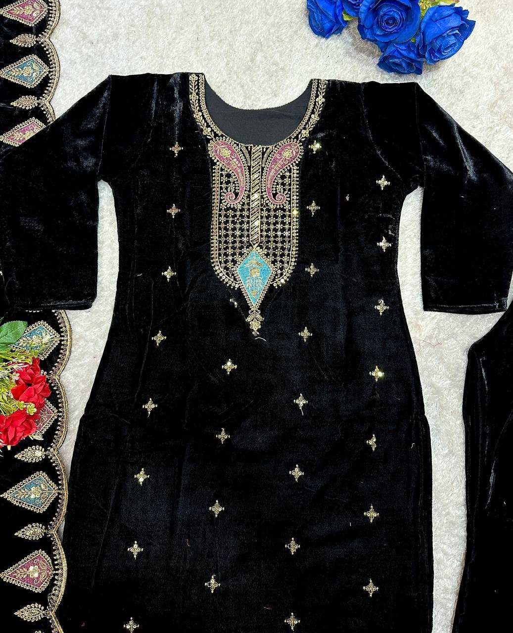 YNF VELVET KESH147 229 SUITS & DRESSES WHOLESALE VELVET EMBROIDERY BLACK SALWAR LONG KURTI SUITS MANUFACTURE