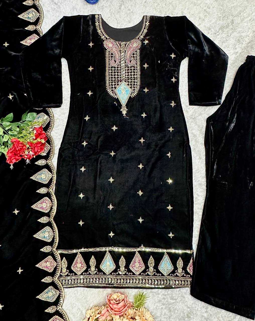 YNF VELVET KESH147 229 SUITS & DRESSES WHOLESALE VELVET EMBROIDERY BLACK SALWAR LONG KURTI SUITS MANUFACTURE