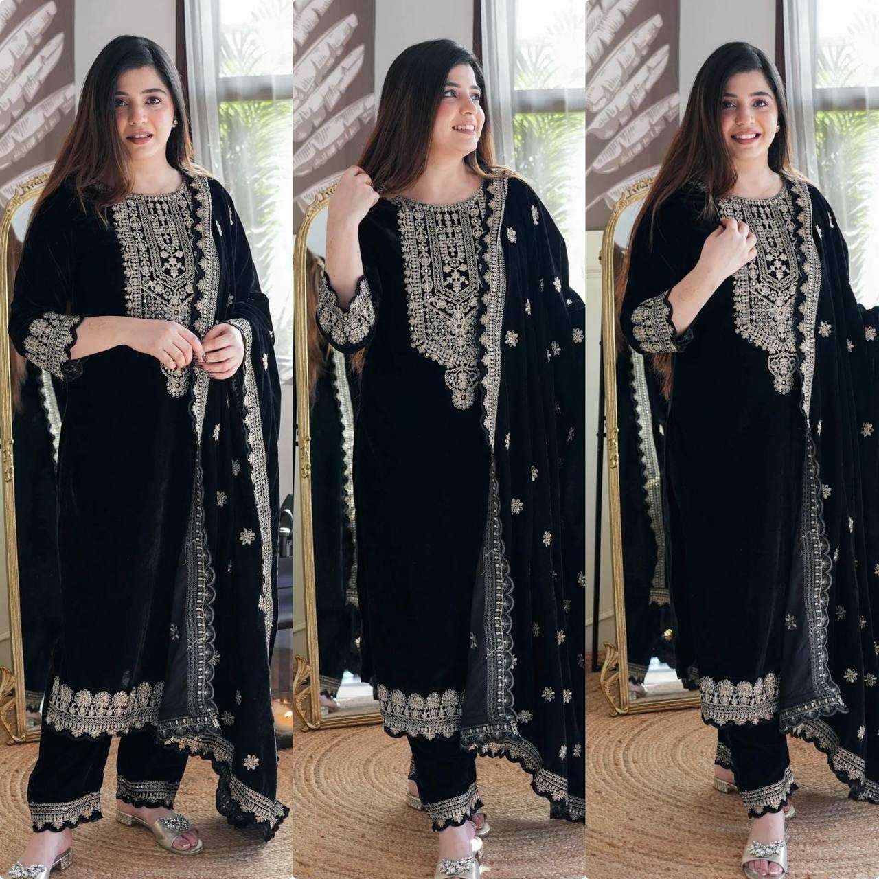 YNF VELVET KESH147 231 SUITS & DRESSES WHOLESALE EMBROPIDERY VELVET PARTY WEAR BLACK SUITS MANUFACTURE