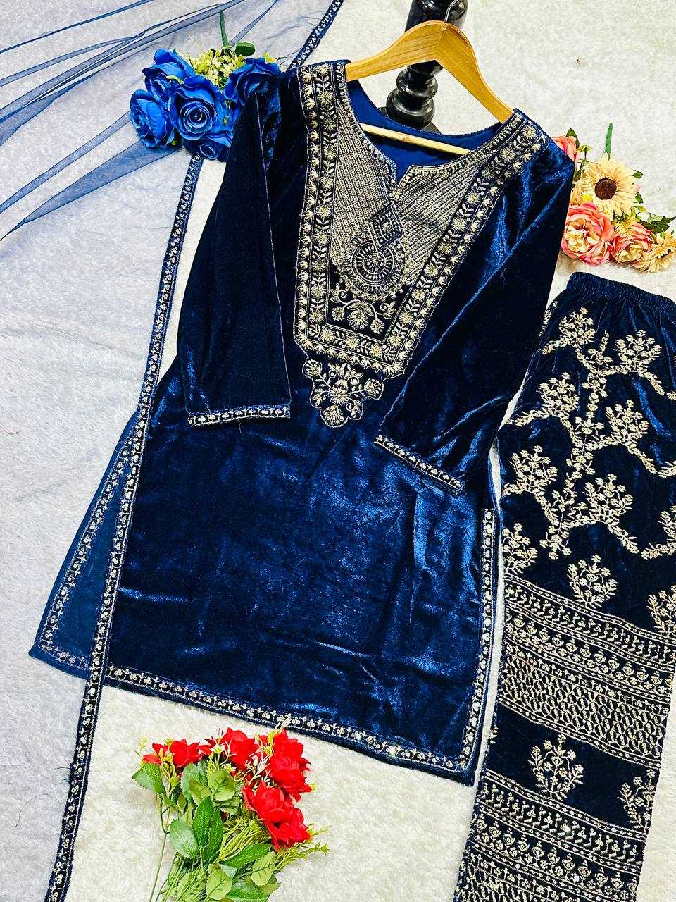 YNF VELVET KESH147 232 SUITS & DRESSES WHOLESALE EMBROPIDERY VELVET PARTY WEAR BLUE SUITS MANUFACTURE