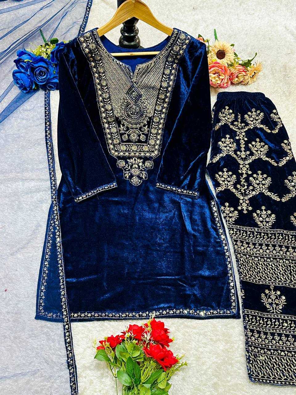 YNF VELVET KESH147 232 SUITS & DRESSES WHOLESALE EMBROPIDERY VELVET PARTY WEAR BLUE SUITS MANUFACTURE