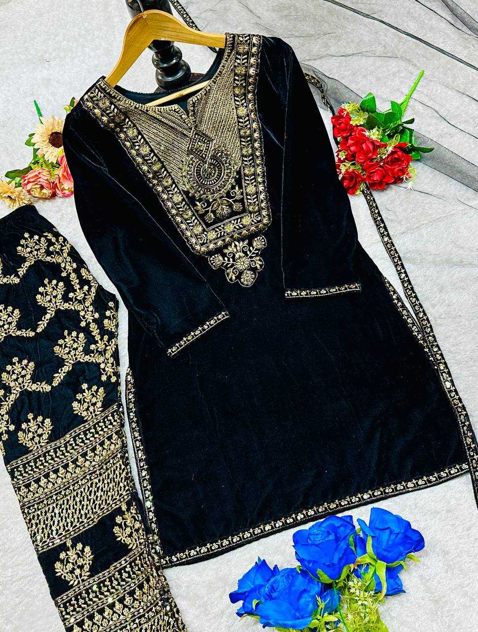 YNF VELVET KESH147 232 SUITS & DRESSES WHOLESALE EMBROPIDERY VELVET PARTY WEAR BLUE SUITS MANUFACTURE